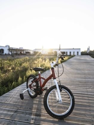 A kid's bike on the boardwalk with the cluster of houses behind