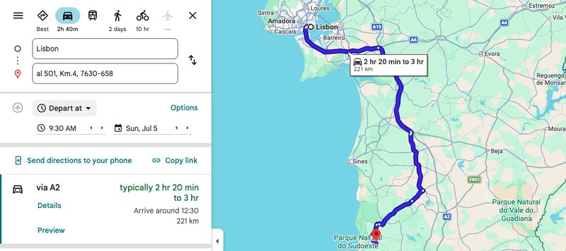 Driving route from Lisbon to Alentejo Eco-Farm