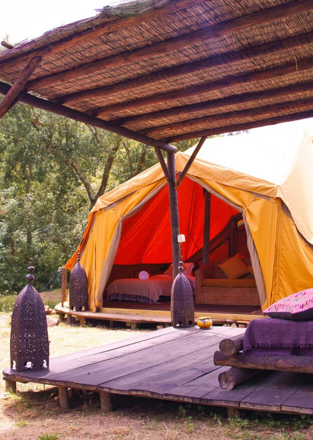 Bell tent interior at Aterra