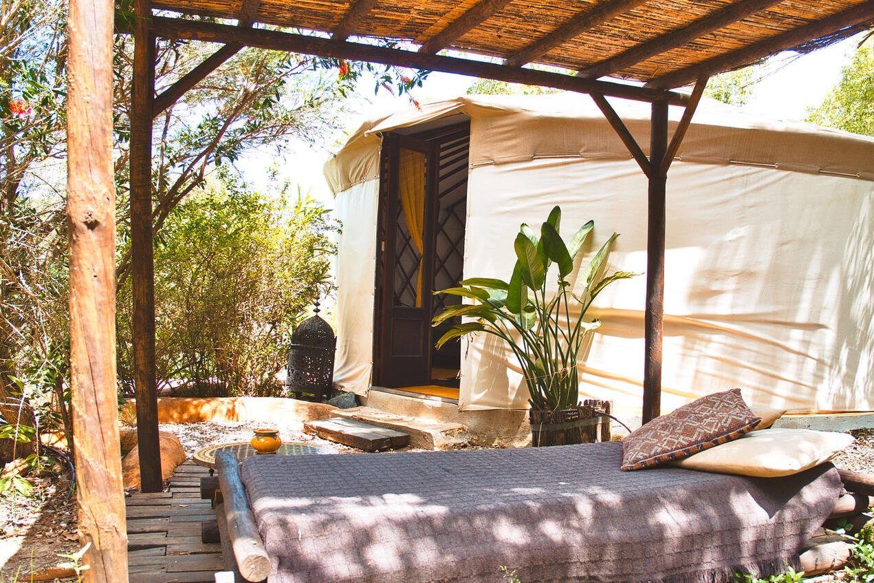 Aterra yurt exterior with private lounge area