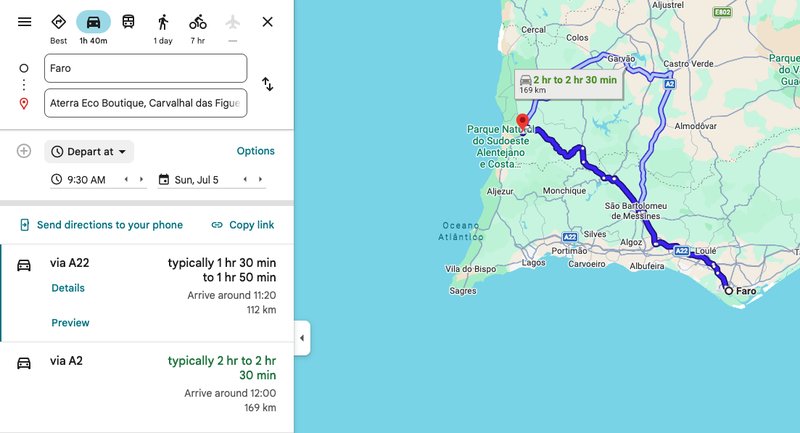 Driving route from Faro to Aterra