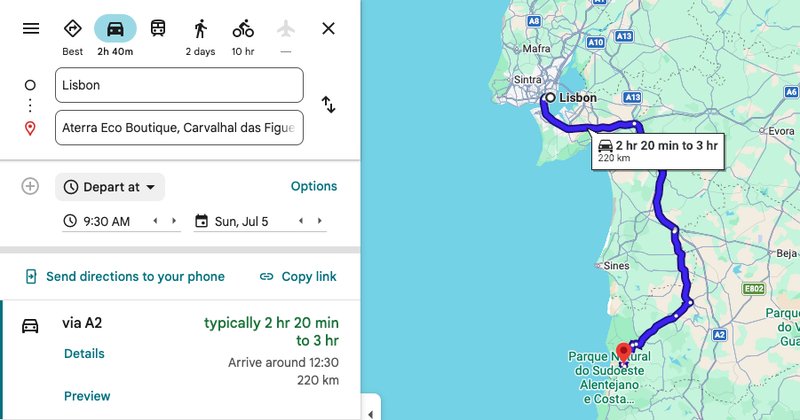 Driving route from Lisbon to Aterra