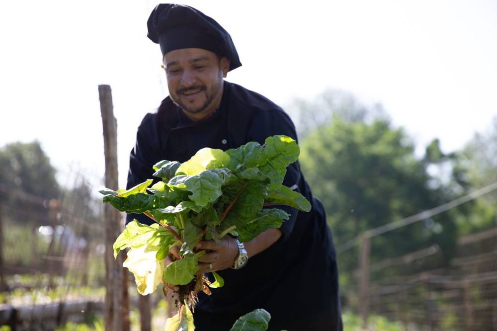 Cook carrying freshly harvested chard from the Cerdanya Viva garden